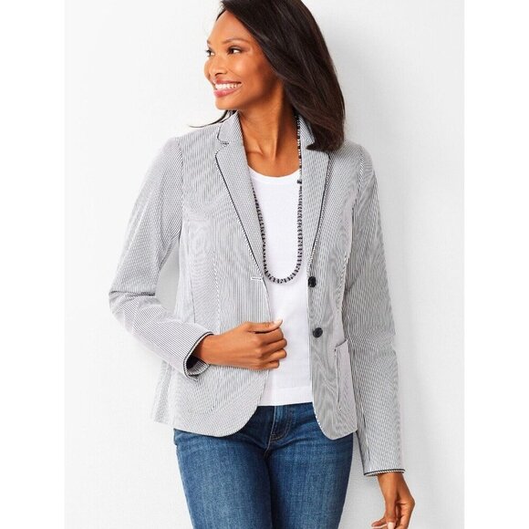 TALBOTS Aberdeen Blazer Size 6 Piped White Navy Stripes Nautical Jacket Preppy - Picture 6 of 6